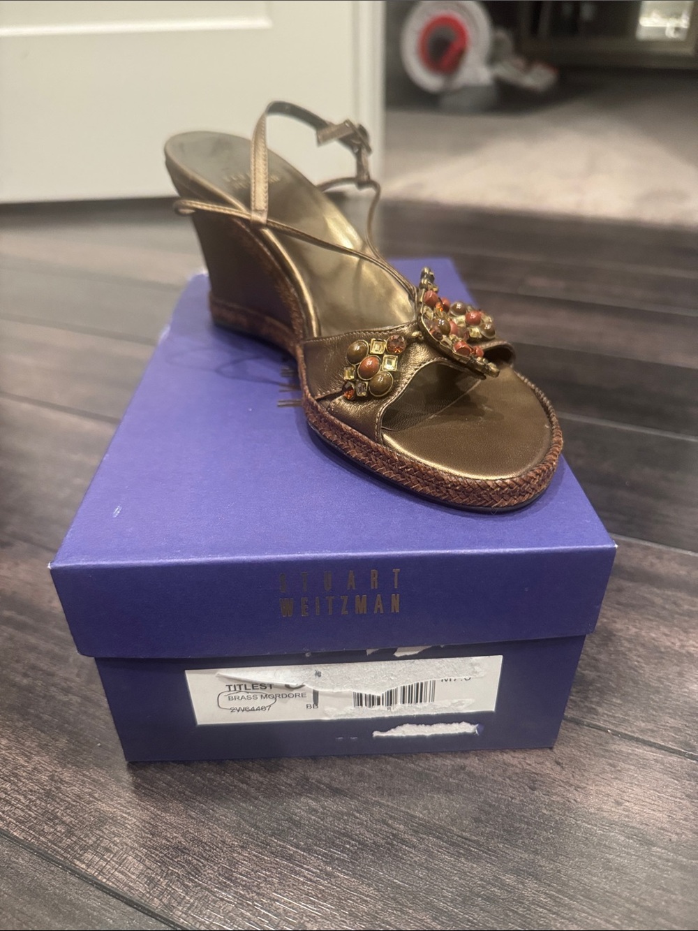 Stuart Weitzman Titlest Metallic Gold T-Strap Wedge Sandals with Coral Accents